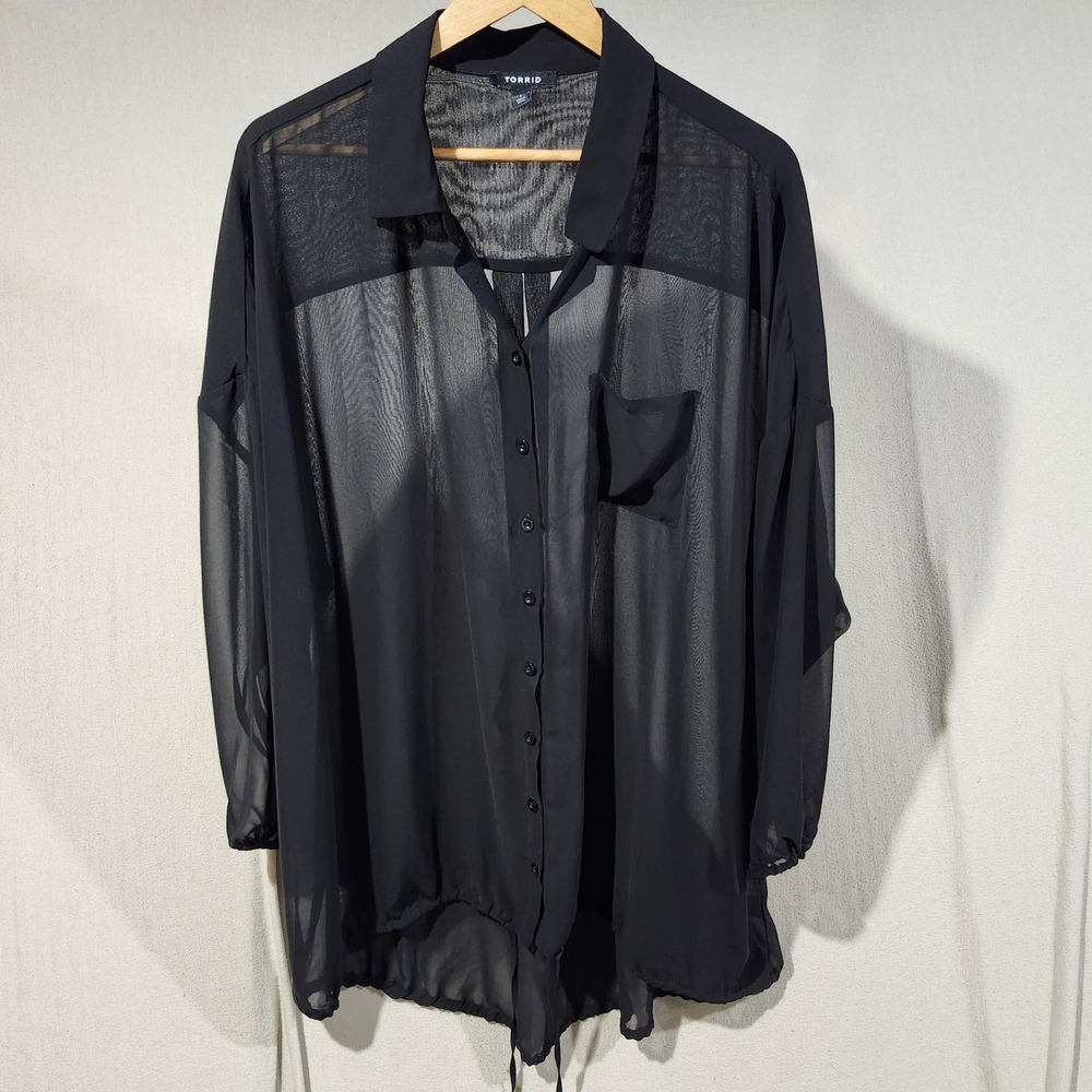Torrid Black Sheer Button Down Shirt Plus Size 1 High Low Drawstring Blouse